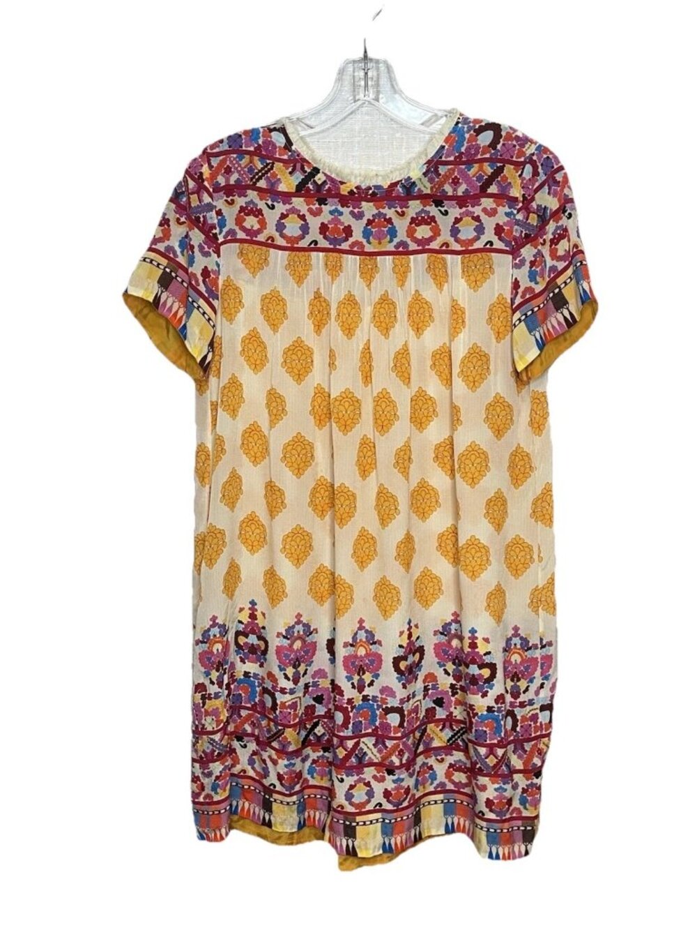 Tanvi Kedia XS Boho Floral Print Rayon Tunic Dress Beaded Short Sleeve India